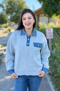 Denim Collar Textured Top - Grey