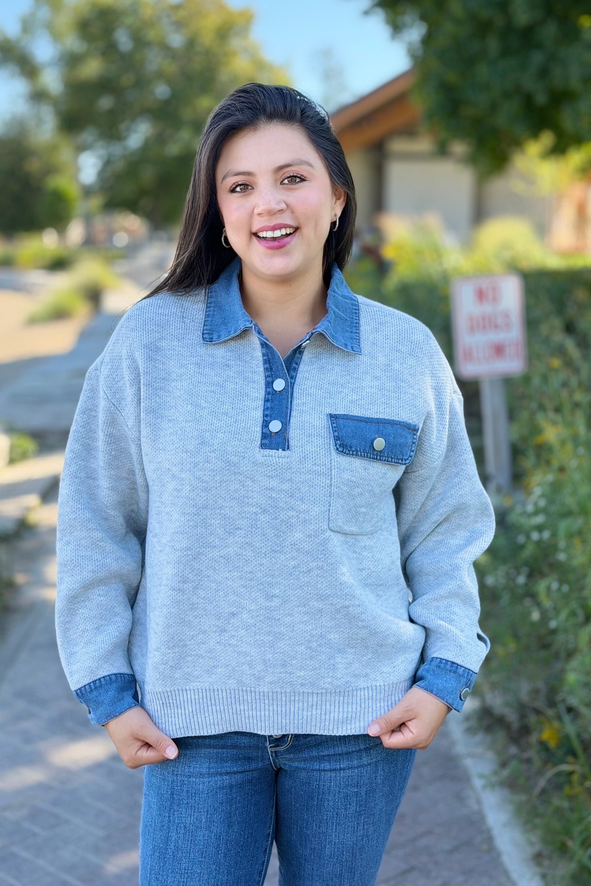 Denim Collar Textured Top - Grey