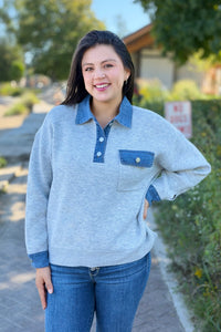 Denim Collar Textured Top - Grey