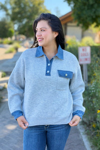 Denim Collar Textured Top - Grey
