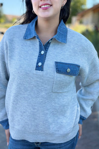 Denim Collar Textured Top - Grey