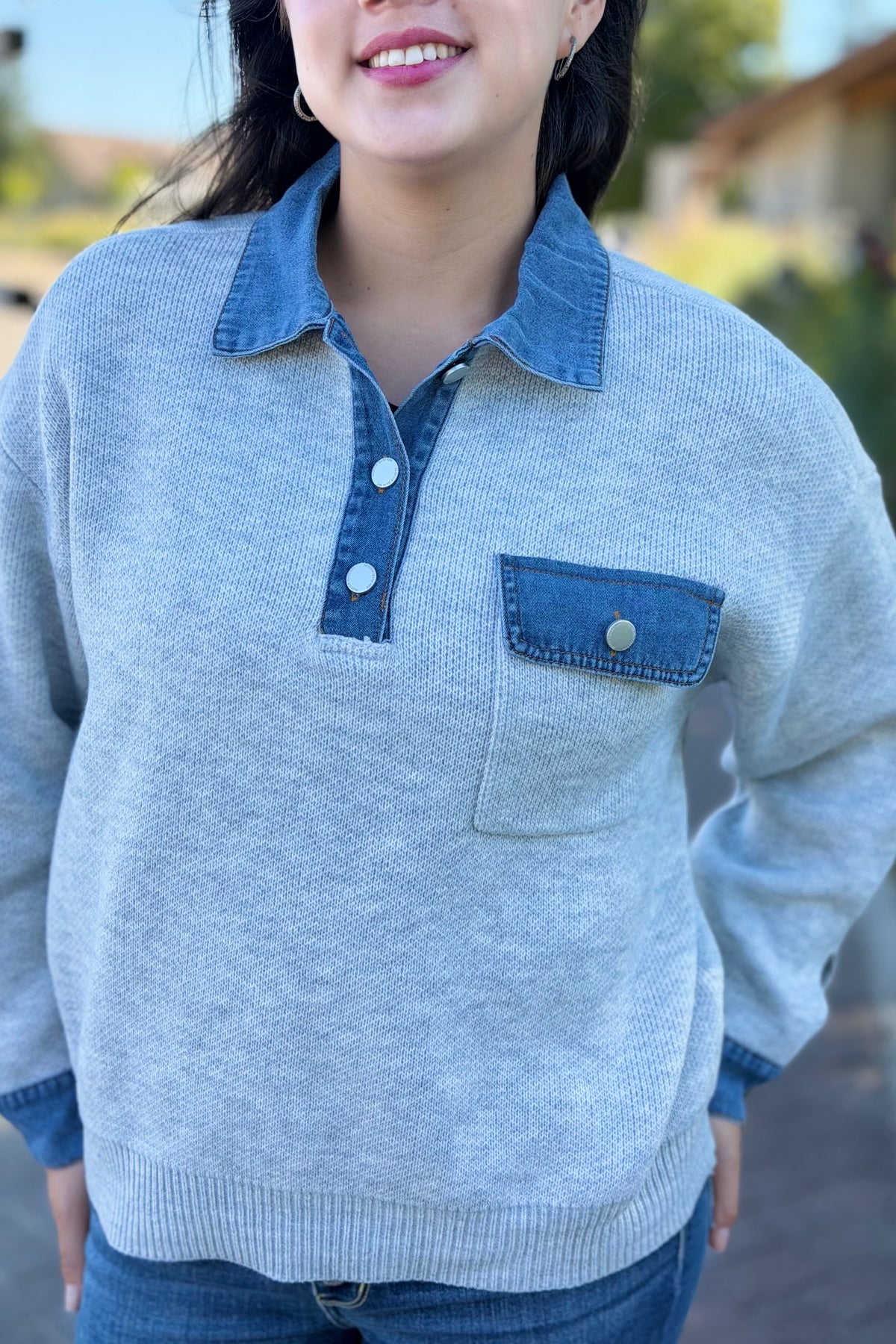 Denim Collar Textured Top - Grey