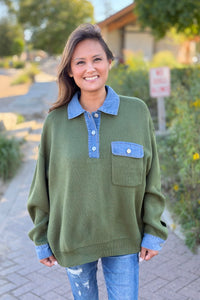 Denim Collar Textured Top - Olive