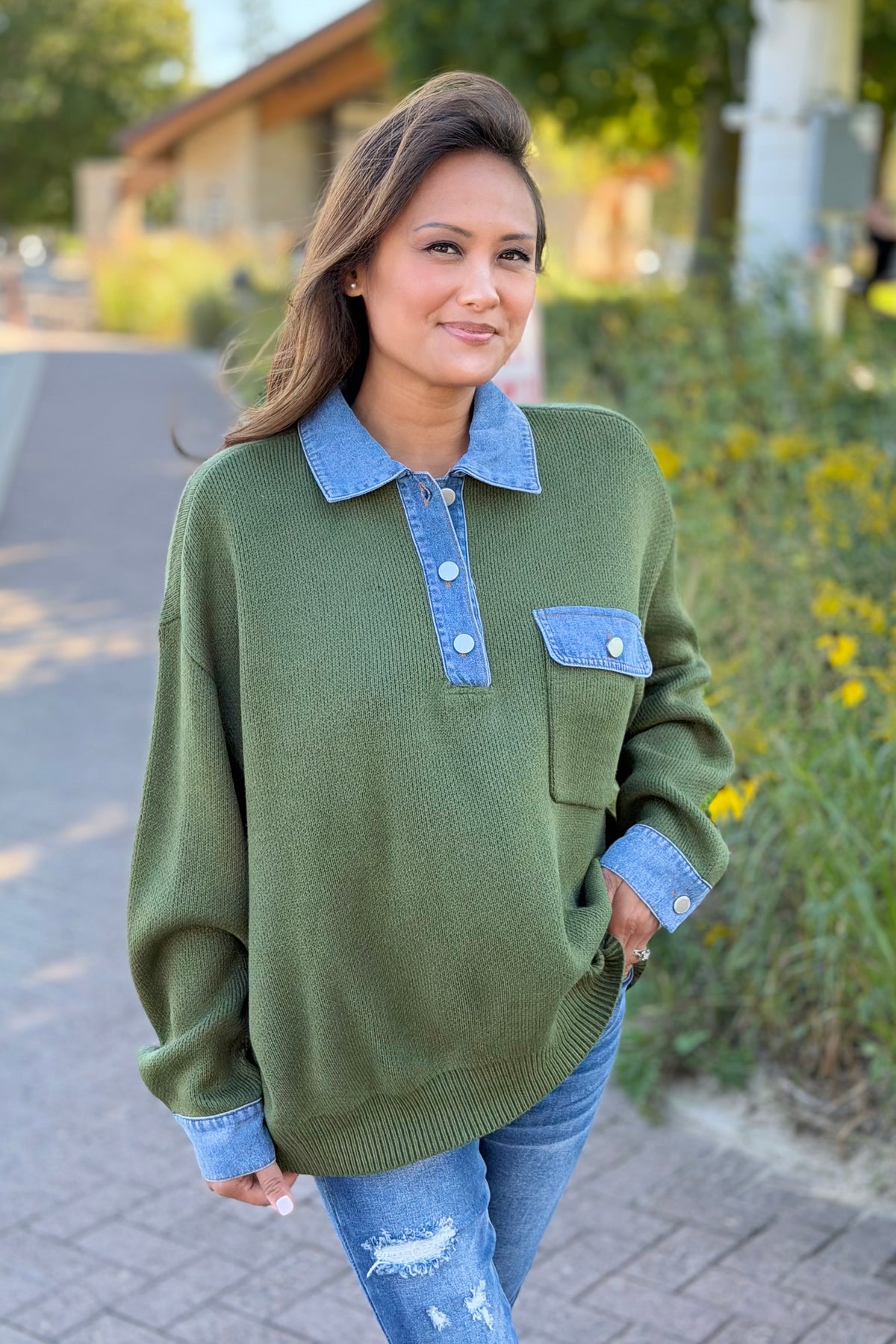 Denim Collar Textured Top - Olive
