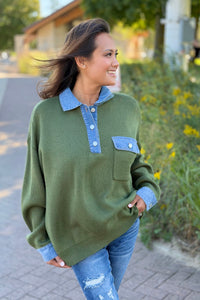 Denim Collar Textured Top - Olive