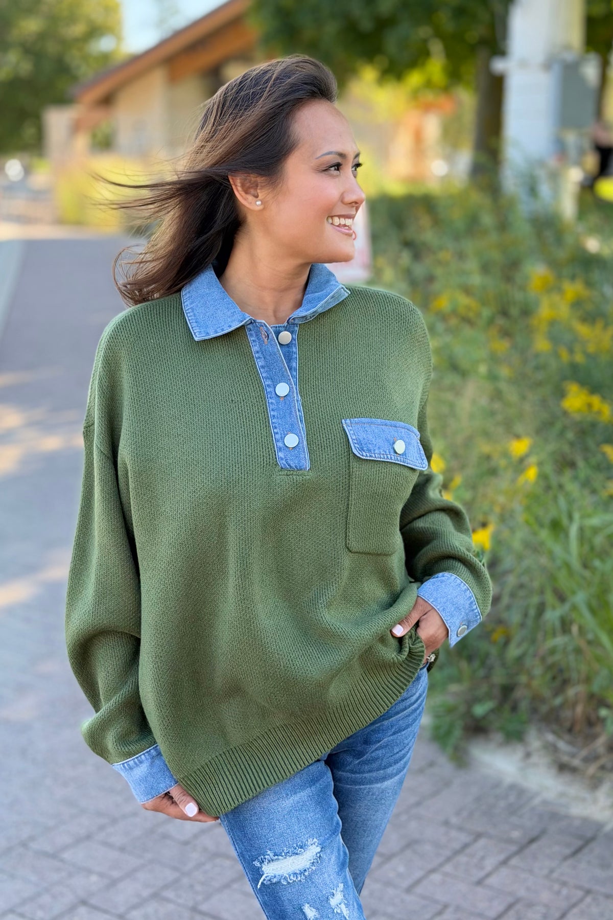 Denim Collar Textured Top - Olive