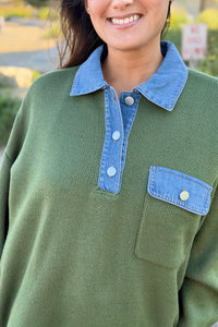 Denim Collar Textured Top - Olive