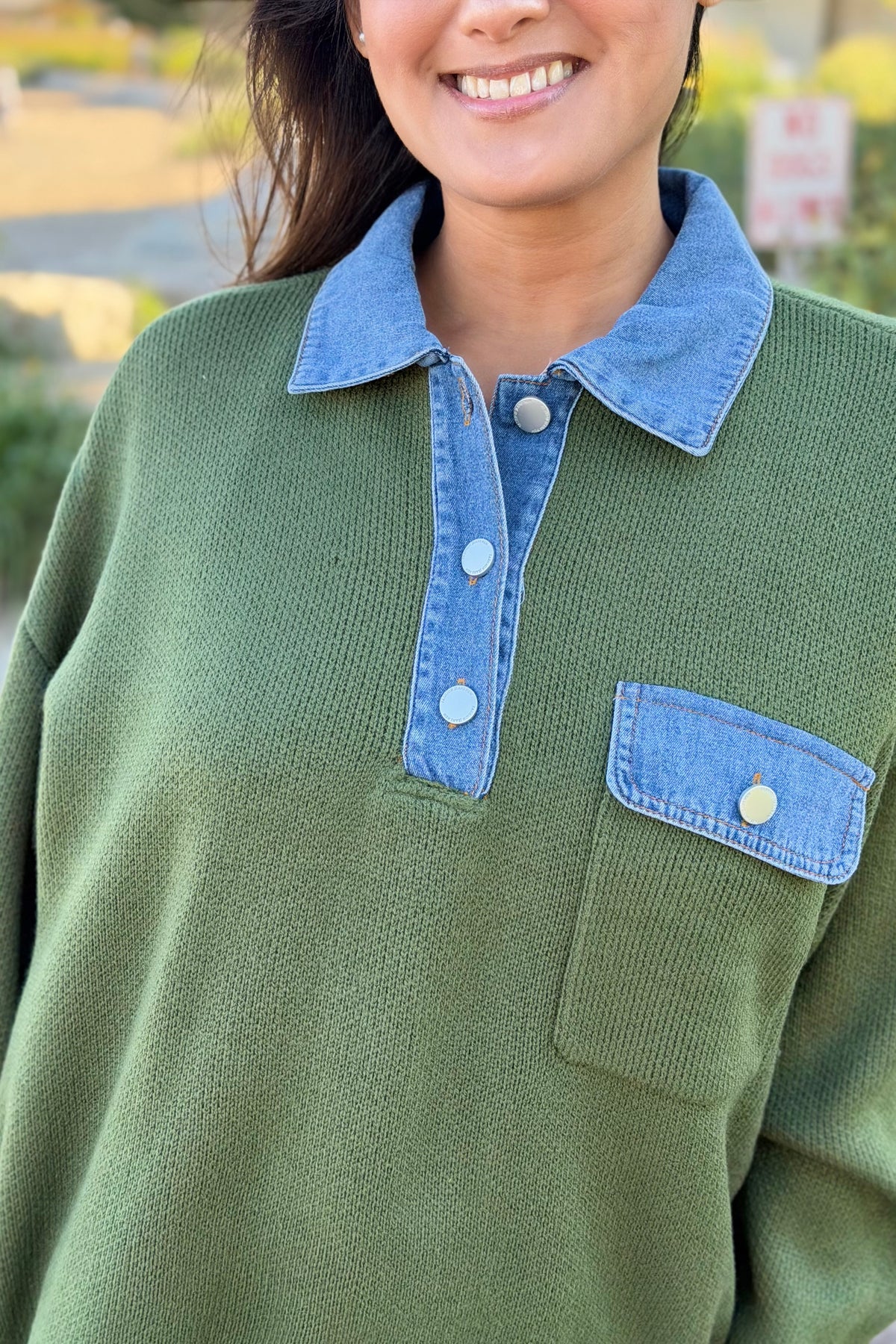 Denim Collar Textured Top - Olive
