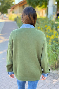 Denim Collar Textured Top - Olive