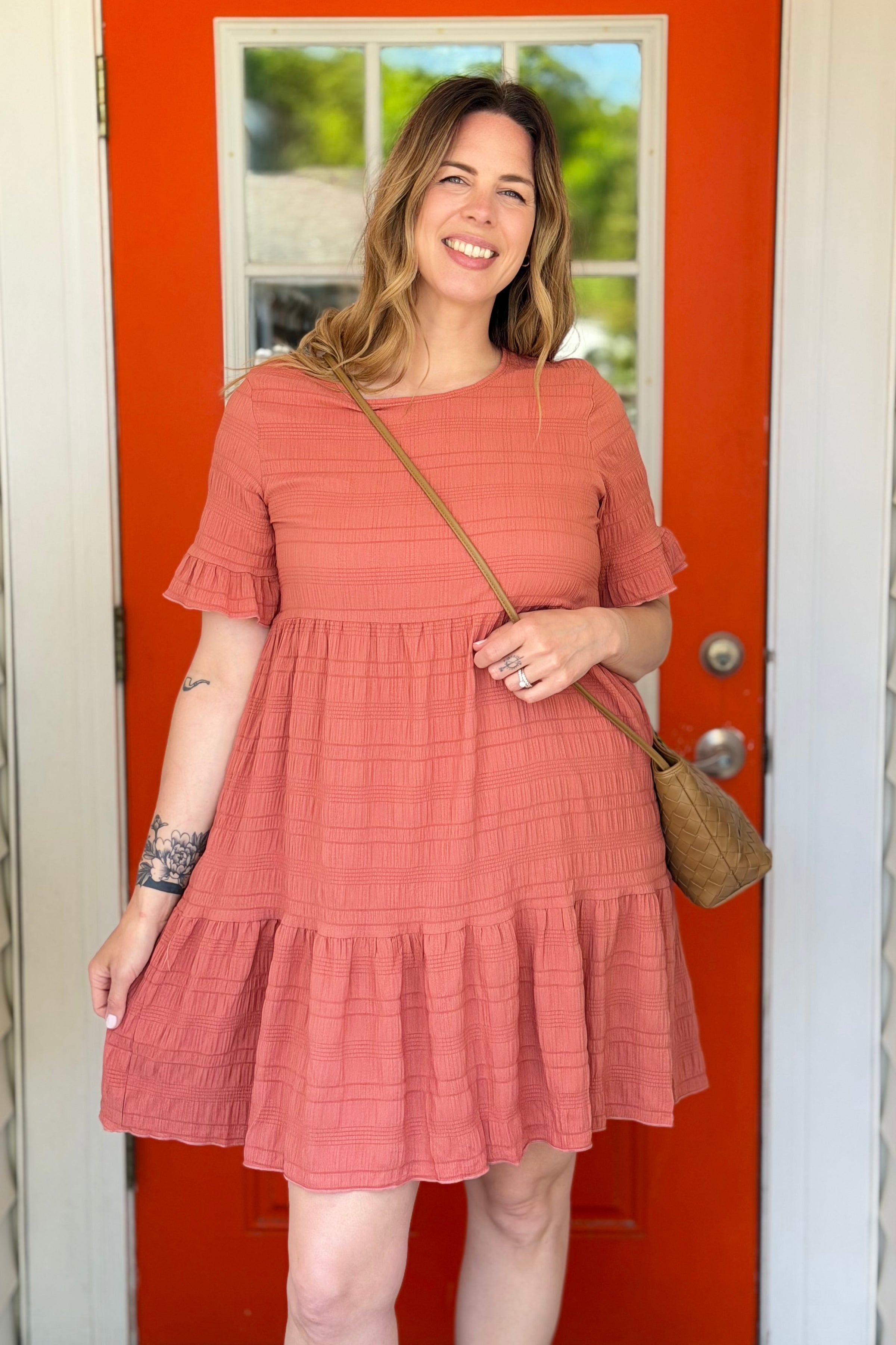 Textured Tiered Ruffle Dress - Red Bean