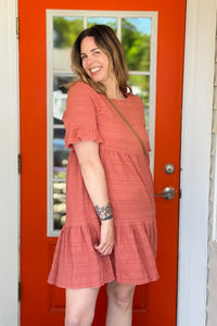 Textured Tiered Ruffle Dress - Red Bean