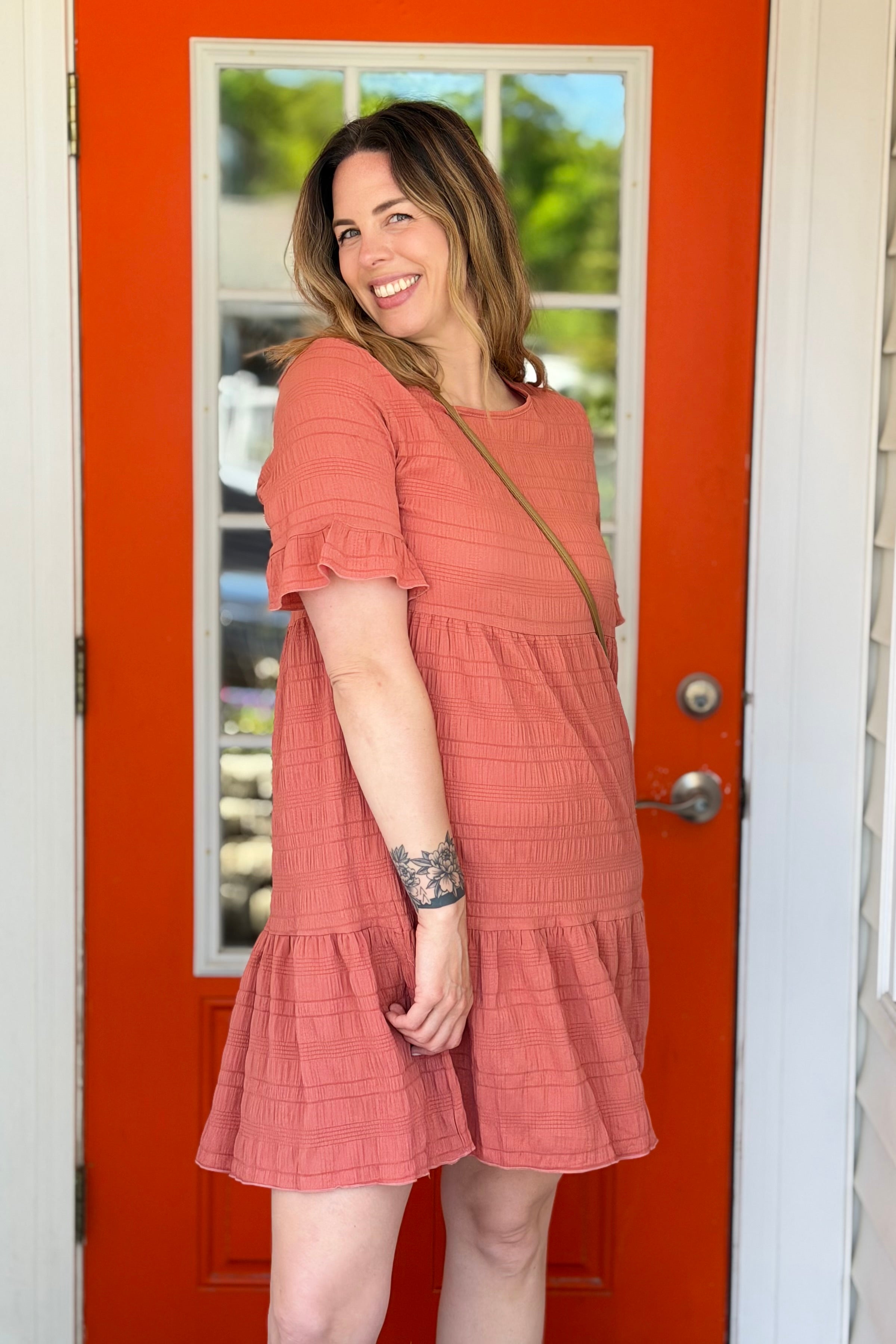 Textured Tiered Ruffle Dress - Red Bean