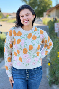 Fuzzy Texture Floral Knit Sweater
