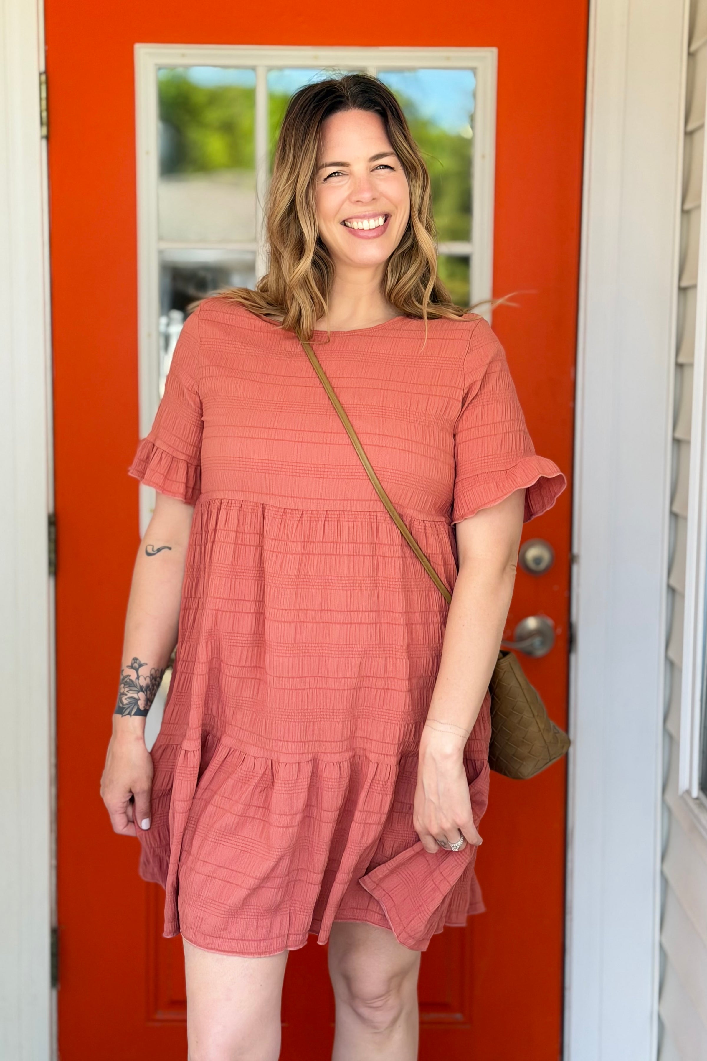 Textured Tiered Ruffle Dress - Red Bean