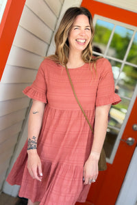 Textured Tiered Ruffle Dress - Red Bean