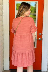 Textured Tiered Ruffle Dress - Red Bean