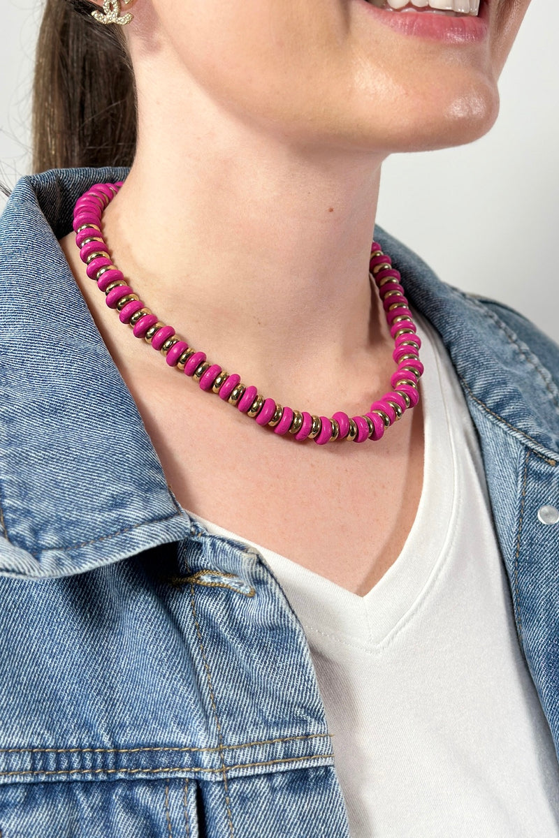 Colorful Wood Disk Bead Necklace - Fuchsia