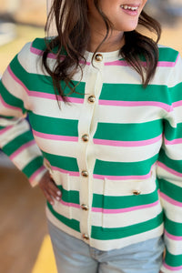 Striped Knit Cardigan With Gold Buttons