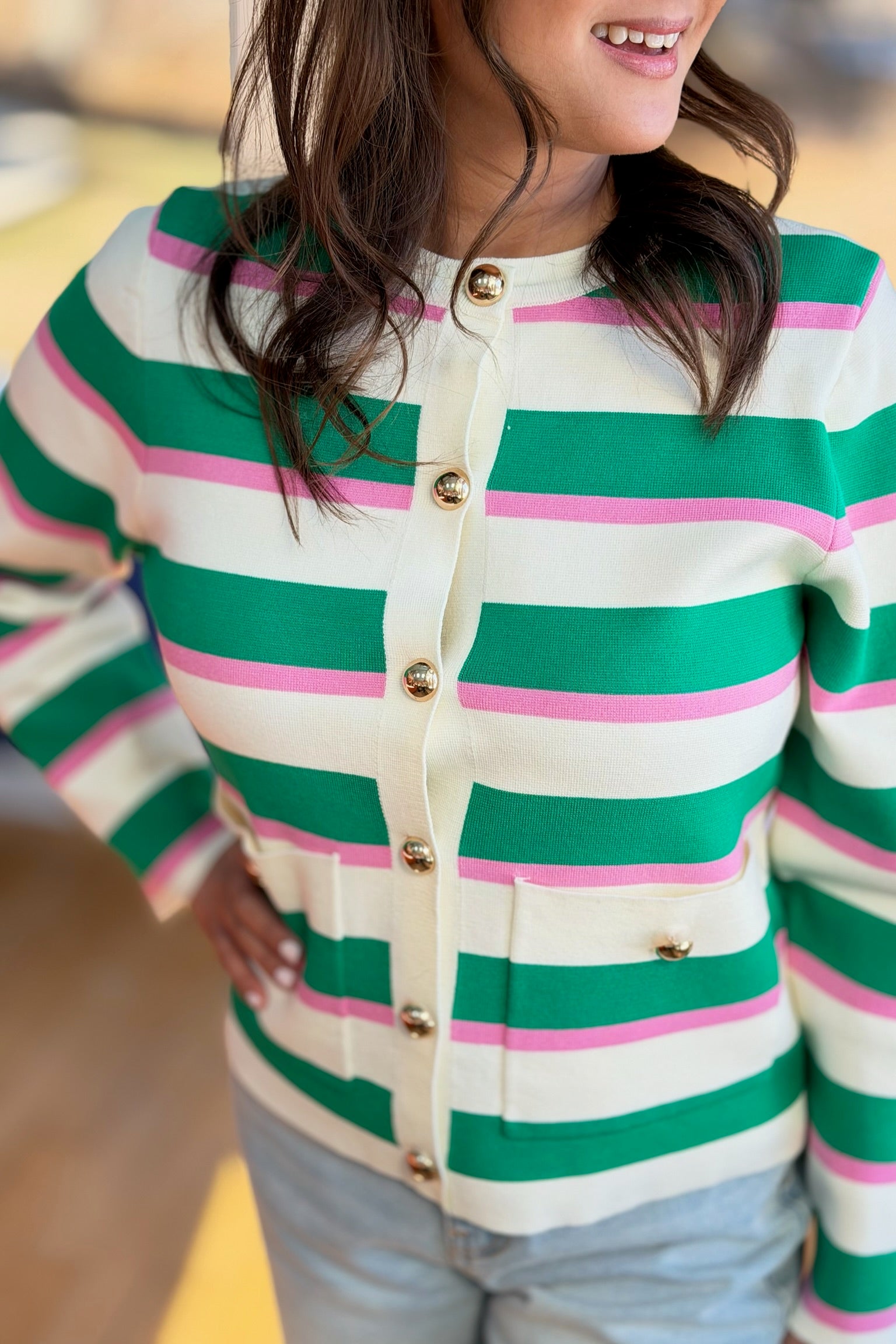 Striped Knit Cardigan With Gold Buttons