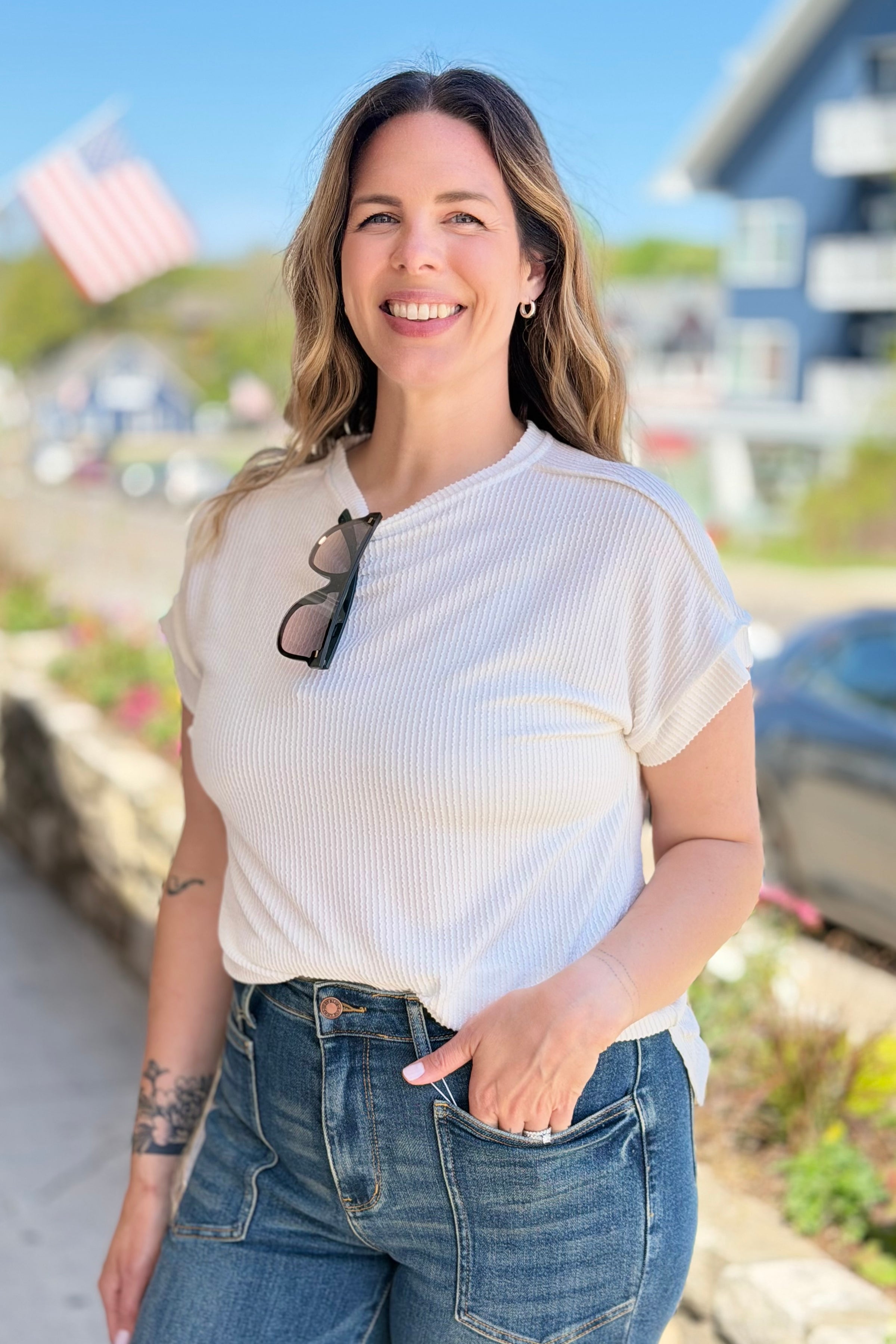 Textured Short Sleeve Top - White