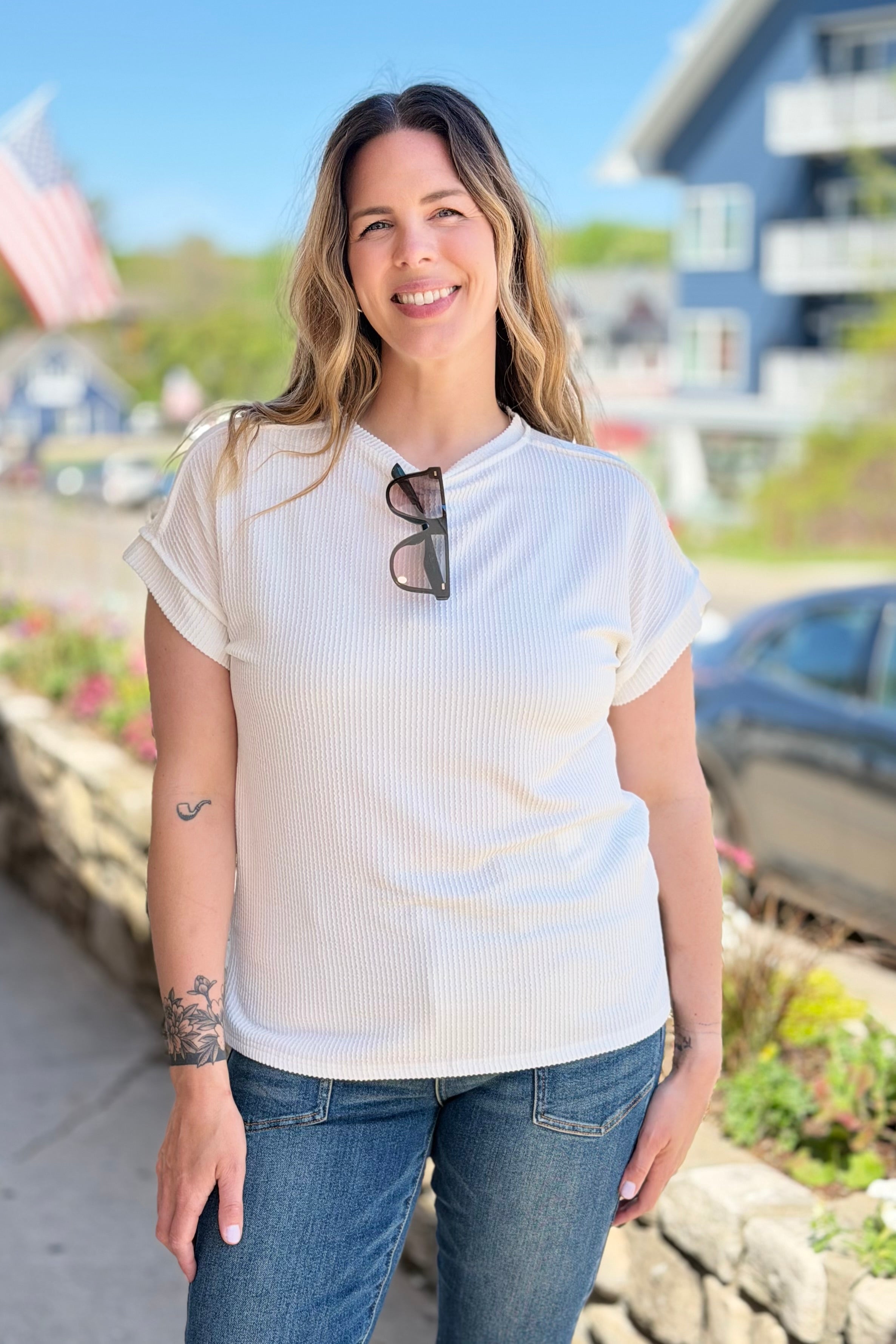 Textured Short Sleeve Top - White