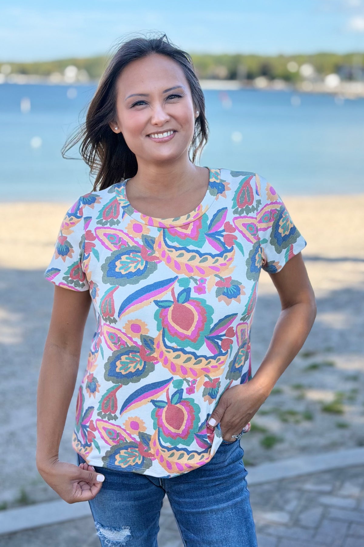 Floral Short Sleeve Crew Neck Top