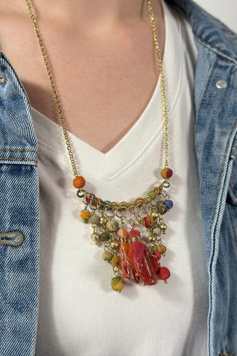 Handmade Beaded Fabric Arch Pendant Necklace