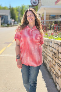 Italian Cotton Striped Button Shirt - Coral