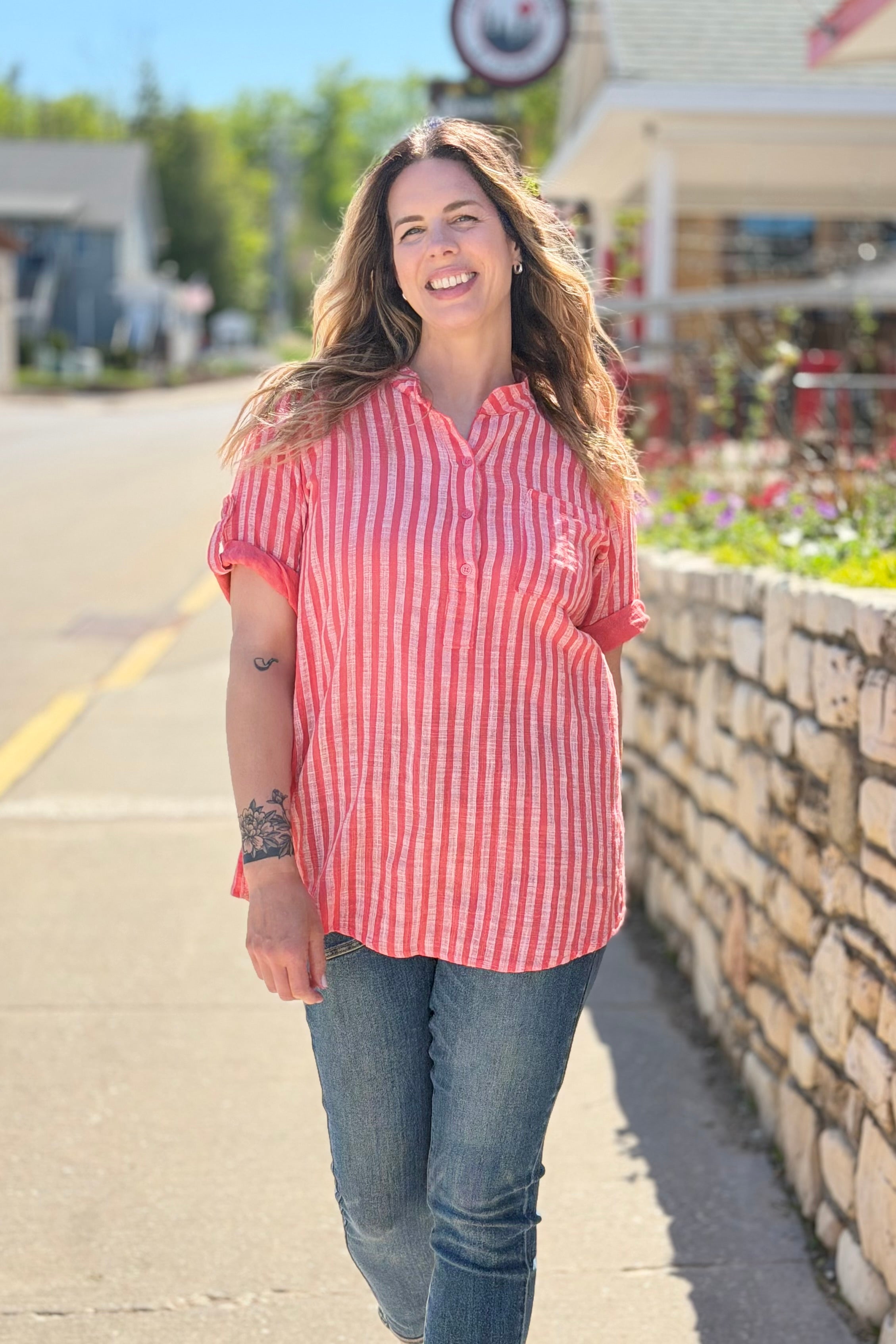 Italian Cotton Striped Button Shirt - Coral