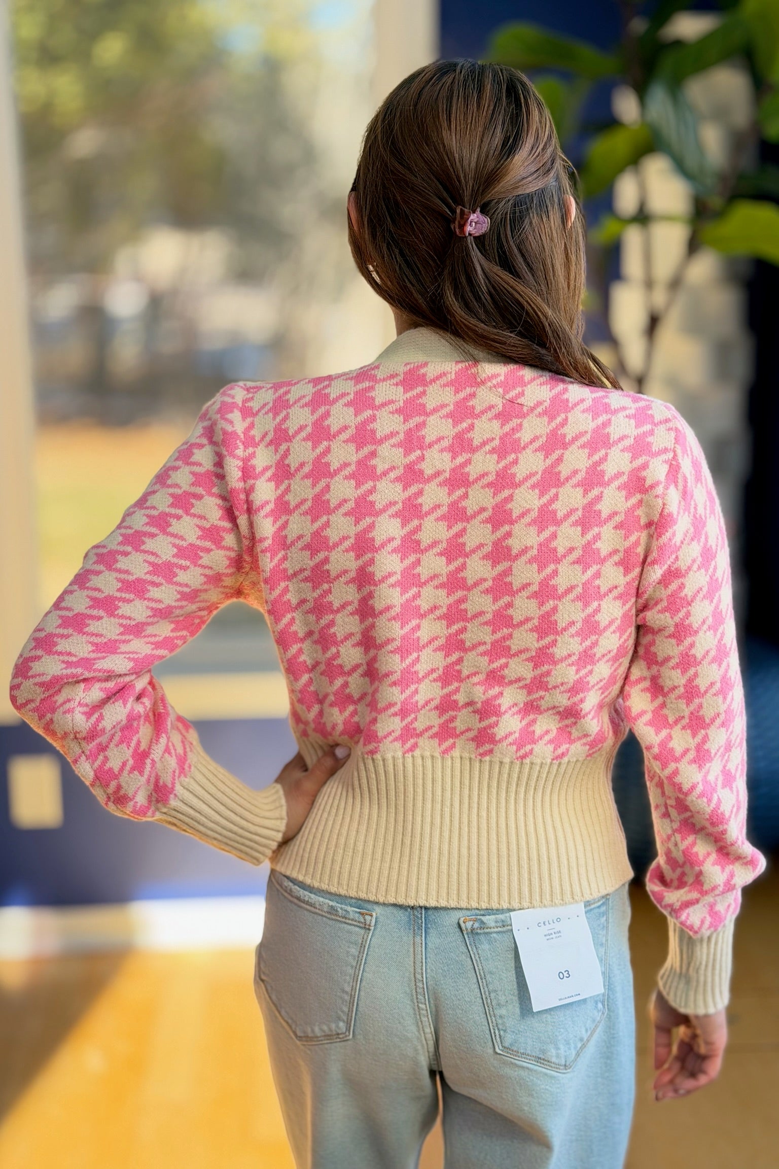 Houndstooth Balloon Sleeve Cardigan - Pink