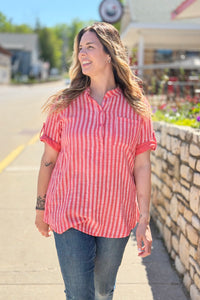 Italian Cotton Striped Button Shirt - Coral