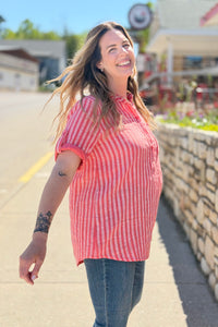 Italian Cotton Striped Button Shirt - Coral