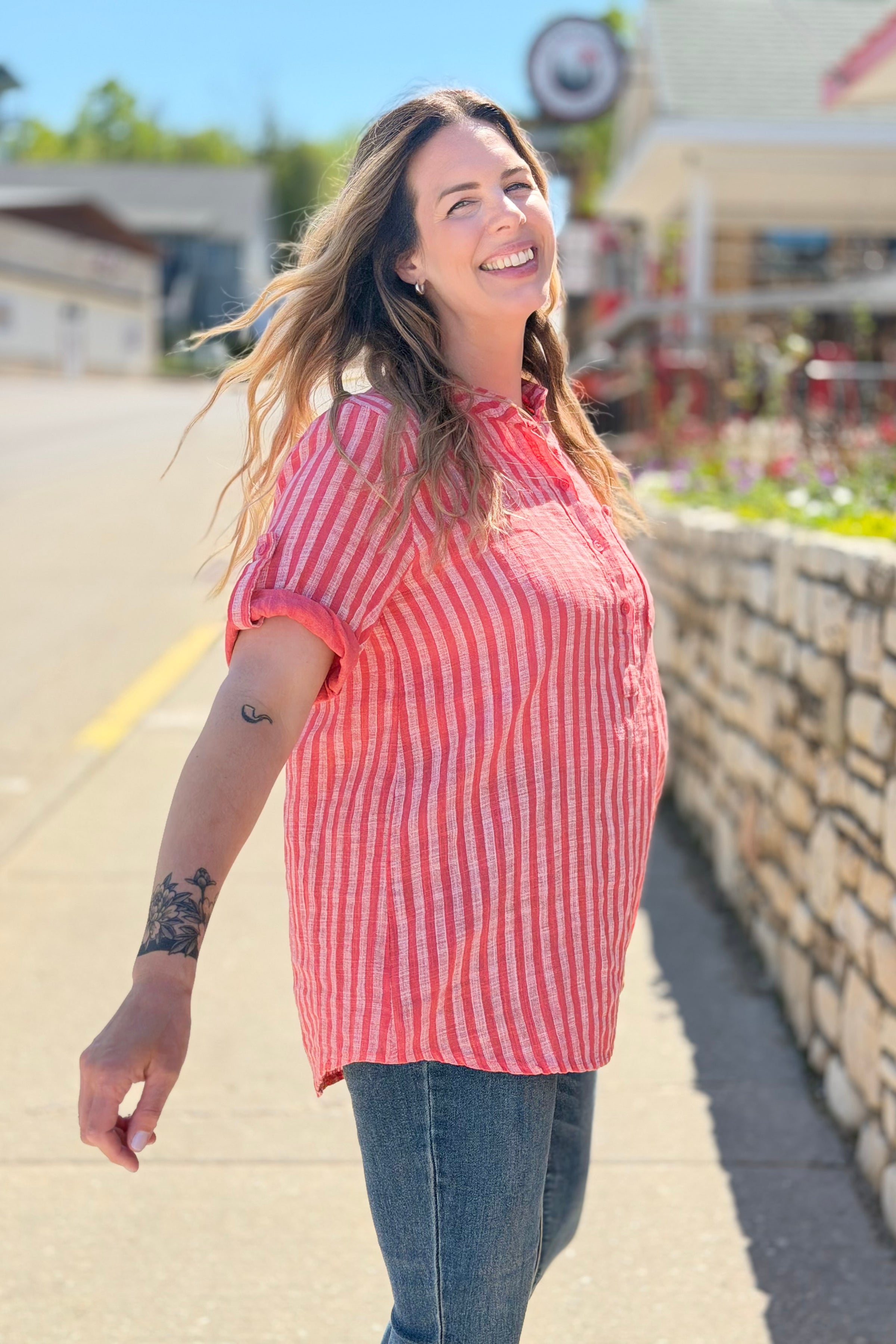 Italian Cotton Striped Button Shirt - Coral
