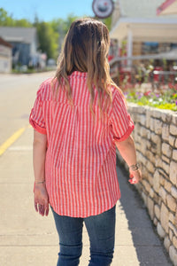 Italian Cotton Striped Button Shirt - Coral
