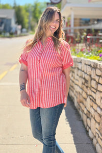 Italian Cotton Striped Button Shirt - Coral