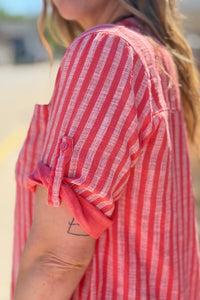 Italian Cotton Striped Button Shirt - Coral