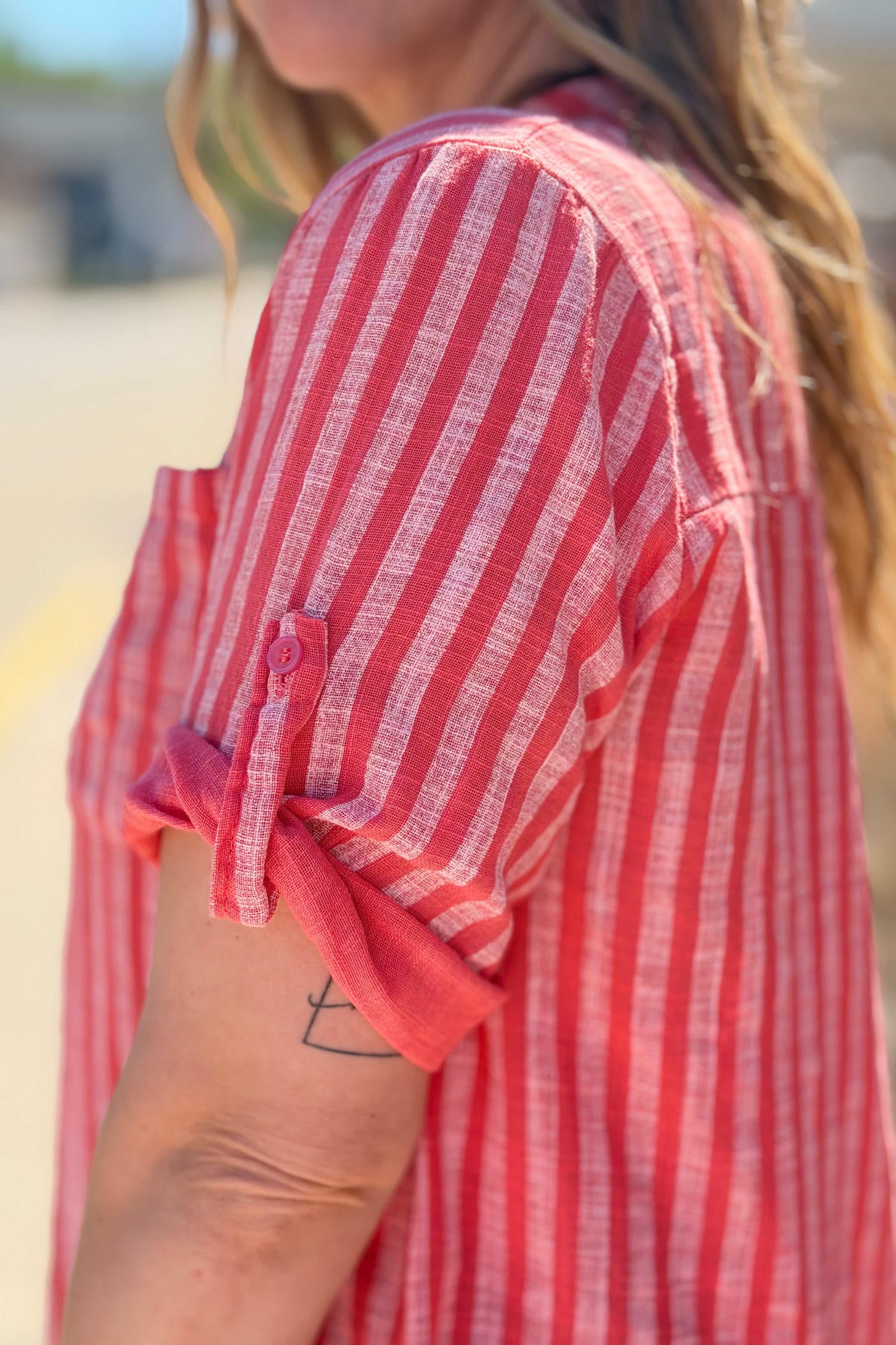 Italian Cotton Striped Button Shirt - Coral