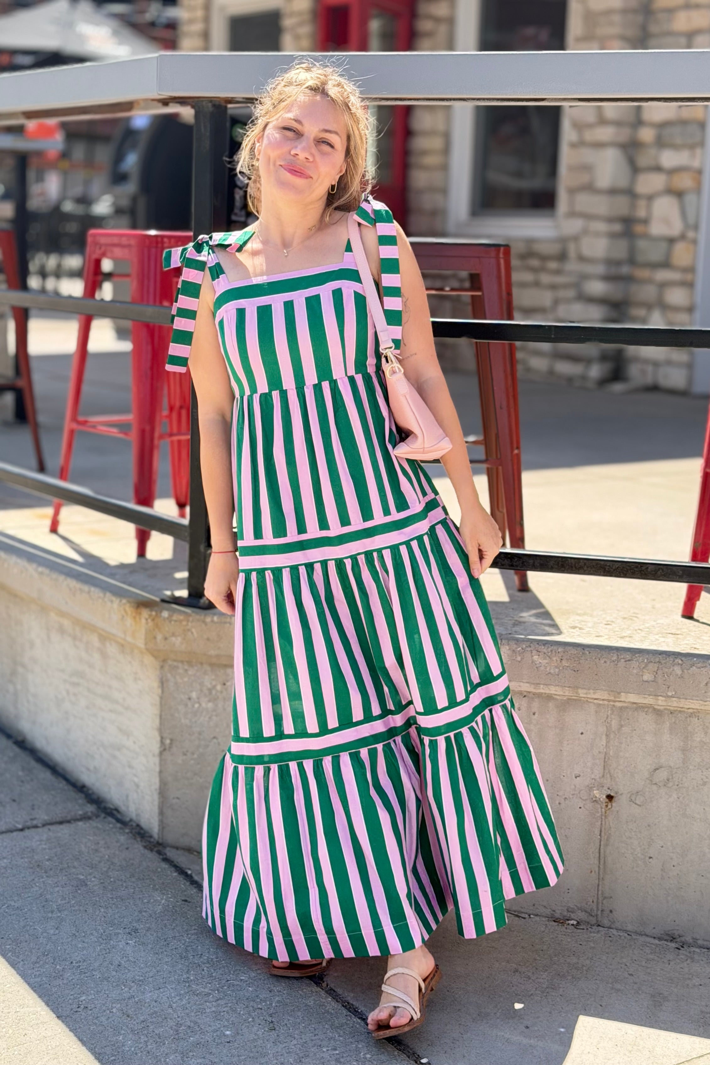 Striped Tiered Maxi Dress - Green