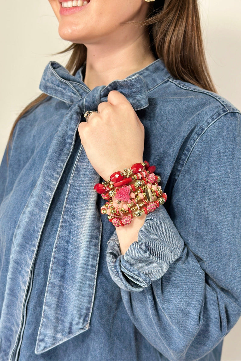 7 Strand Mixed Bead Bracelet - Pink