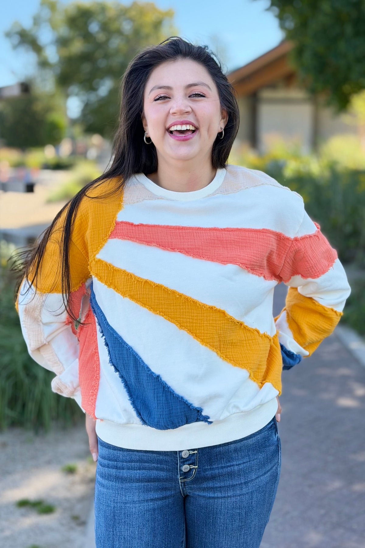 Mixed Fabric Sun Patchwork Sweatshirt
