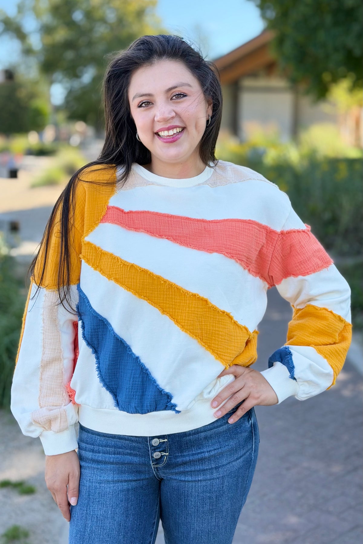 Mixed Fabric Sun Patchwork Sweatshirt
