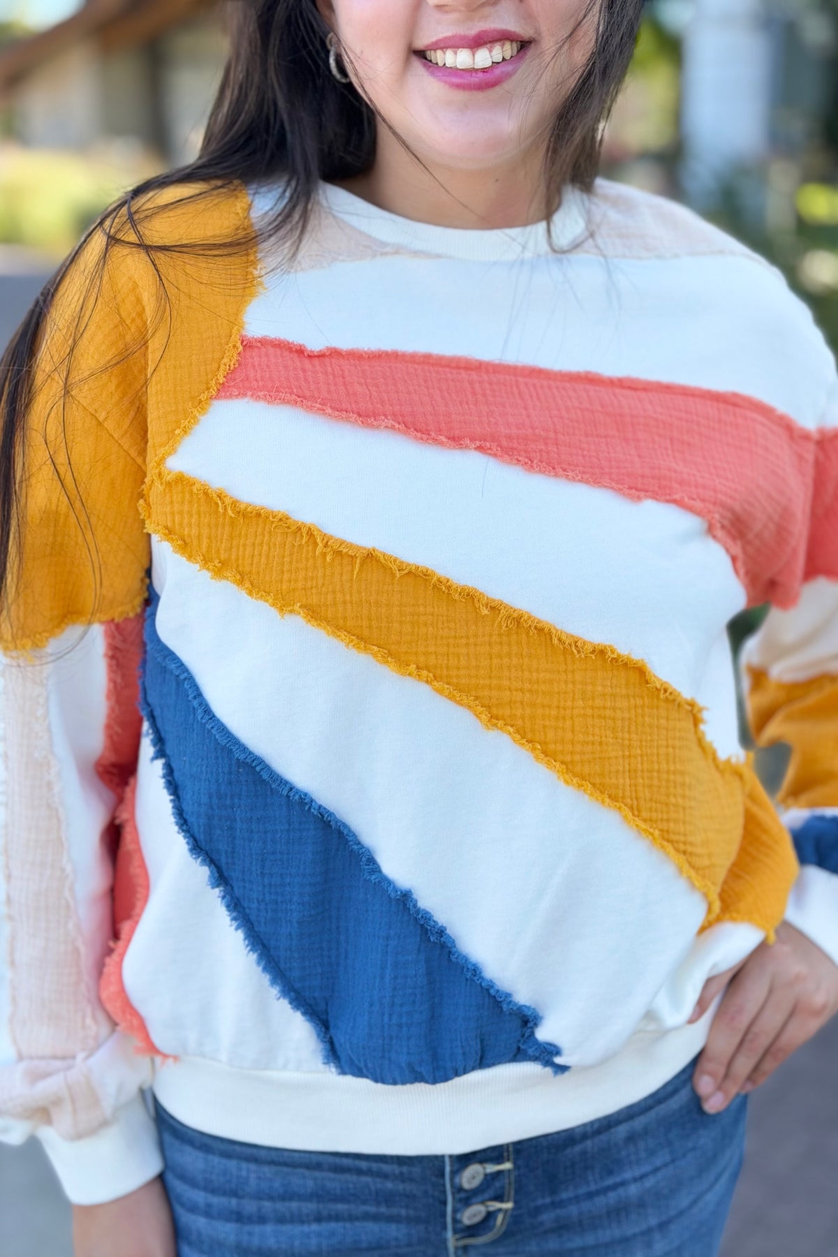 Mixed Fabric Sun Patchwork Sweatshirt