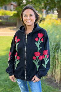 Floral Embroidered Zip-Up Hoodie
