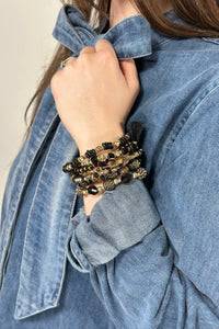 7 Strand Multi Bead Stretch Bracelet - Black