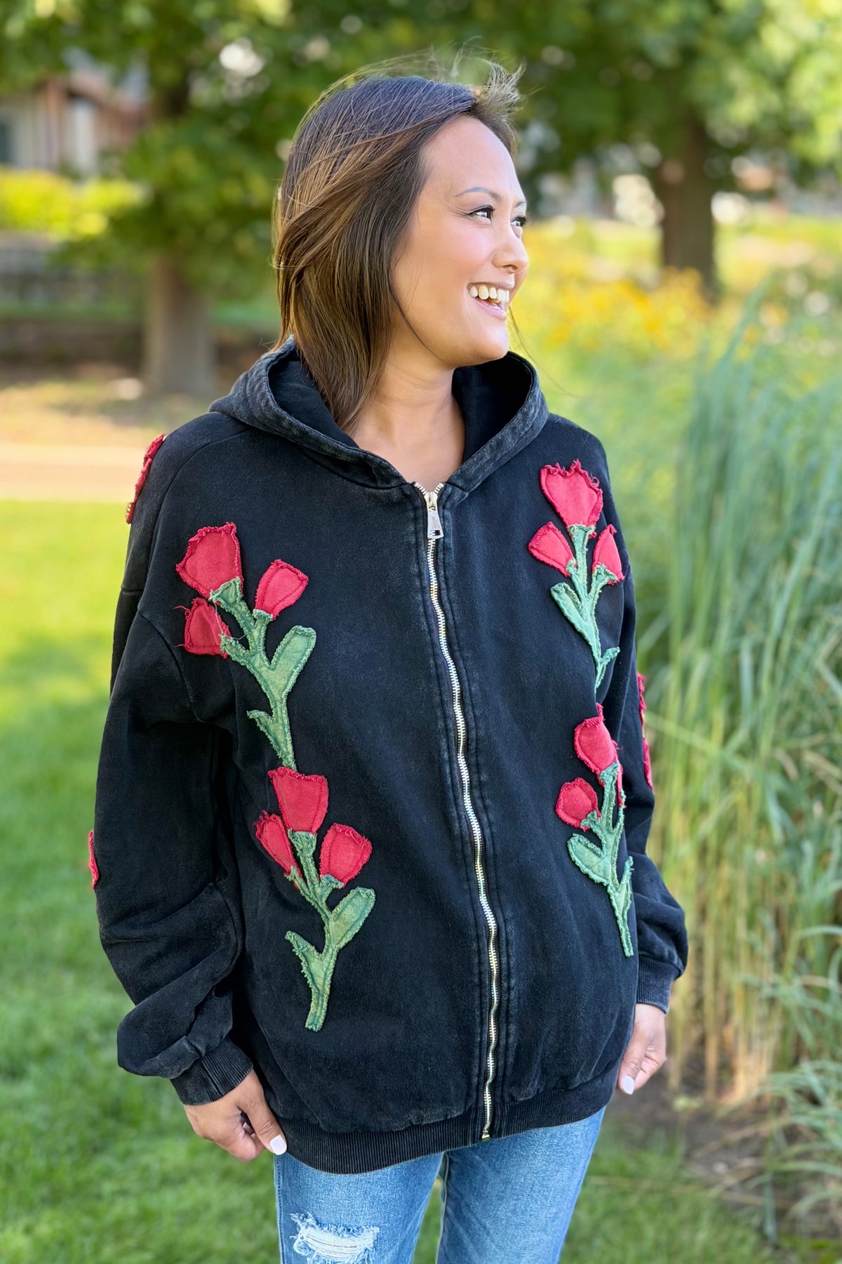 Floral Embroidered Zip-Up Hoodie