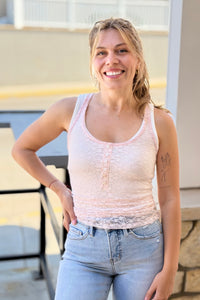 Lace Button Front Tank - Pink