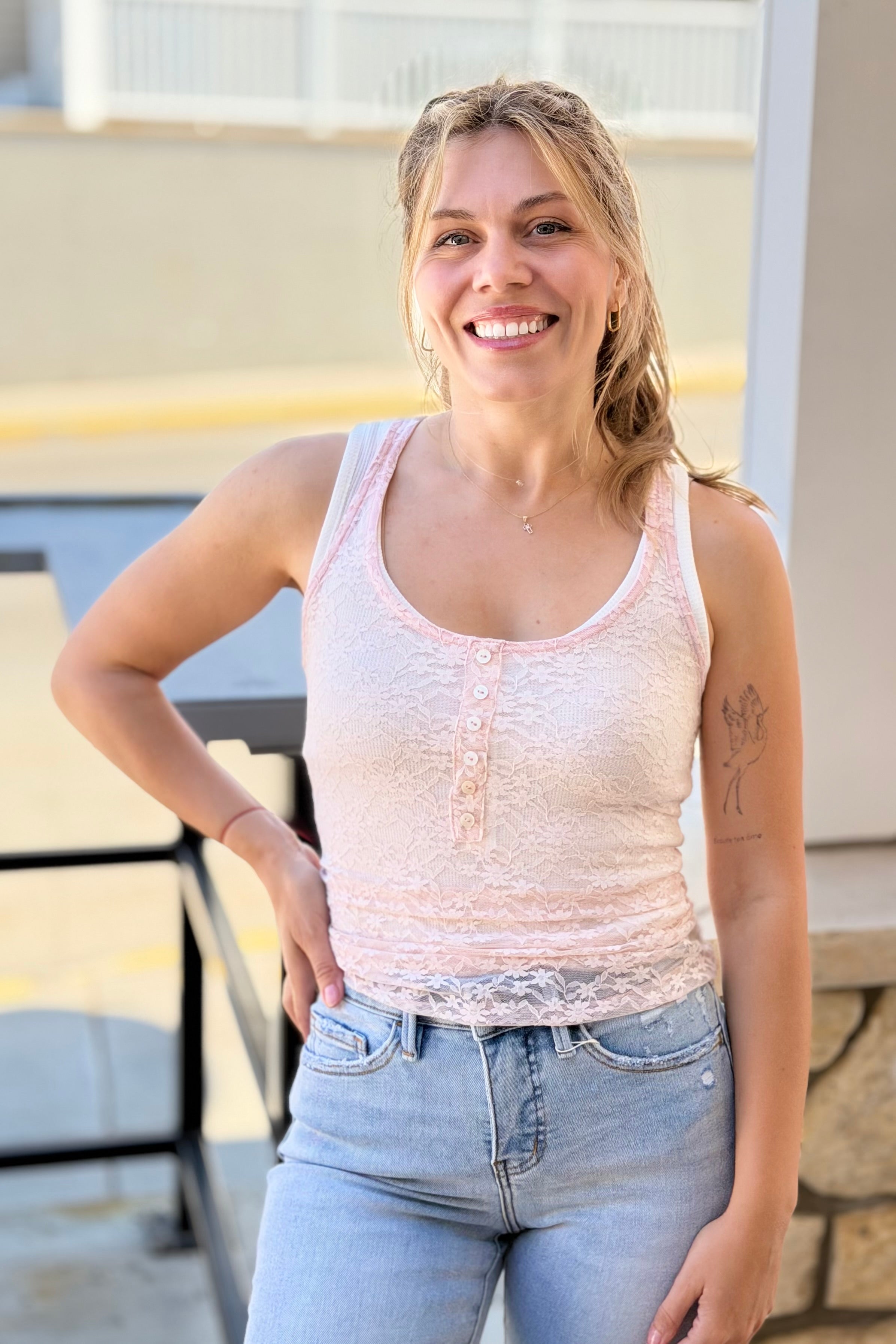 Lace Button Front Tank - Pink
