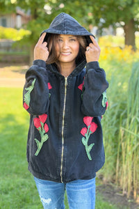 Floral Embroidered Zip-Up Hoodie