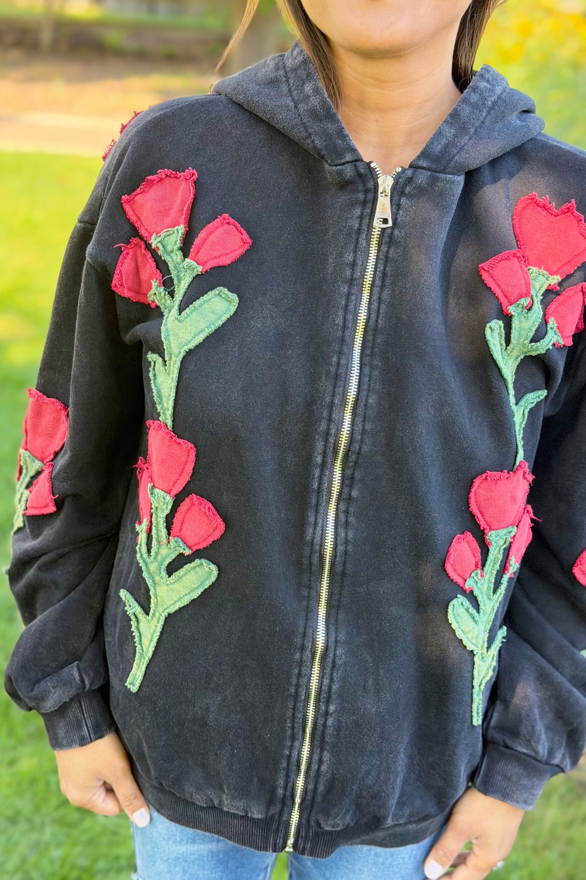 Floral Embroidered Zip-Up Hoodie