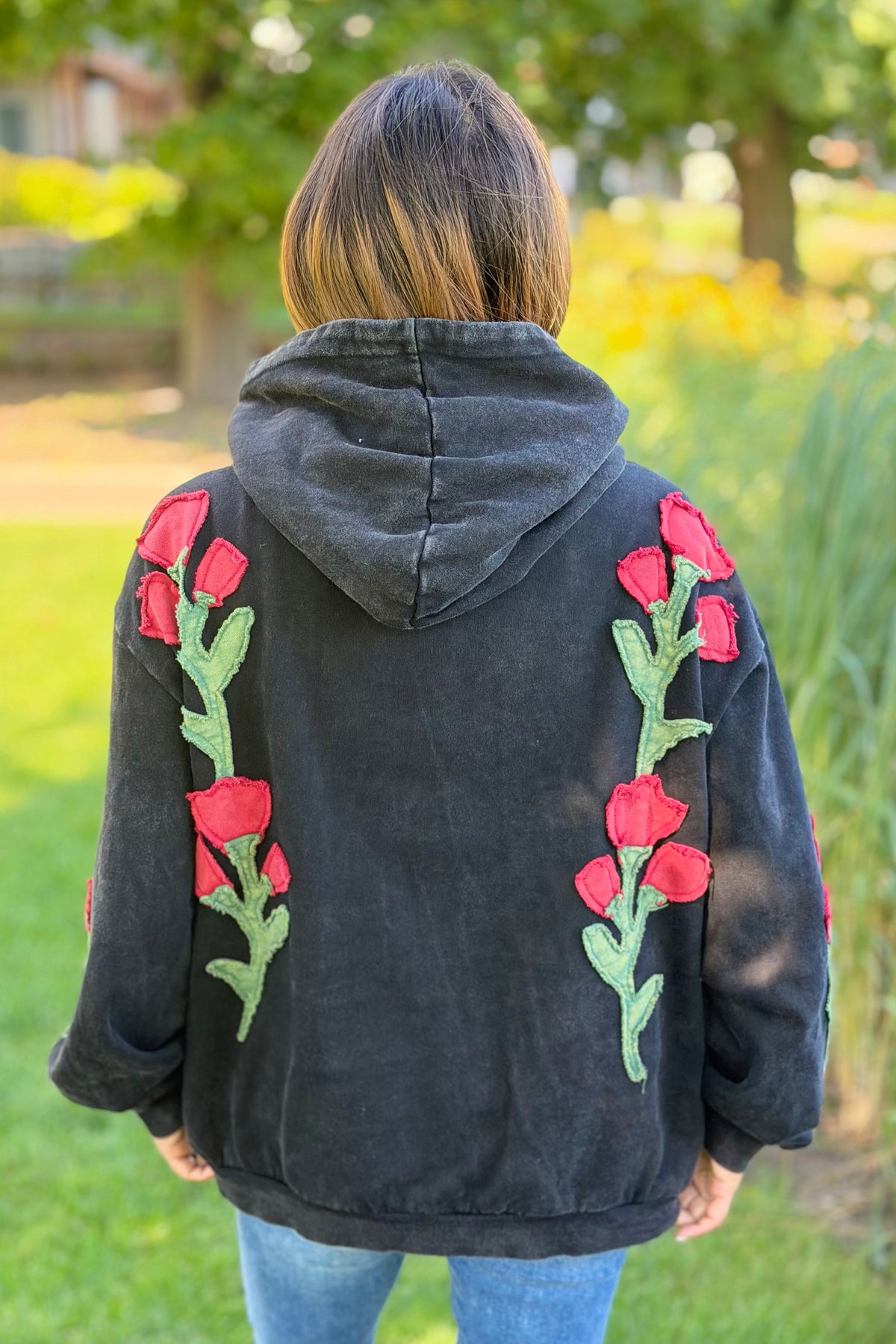Floral Embroidered Zip-Up Hoodie